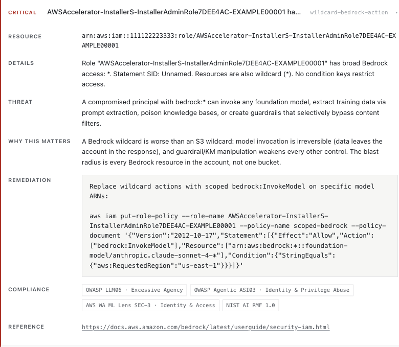 Expanded critical finding card: resource, details, threat, why this matters, remediation command, compliance mappings