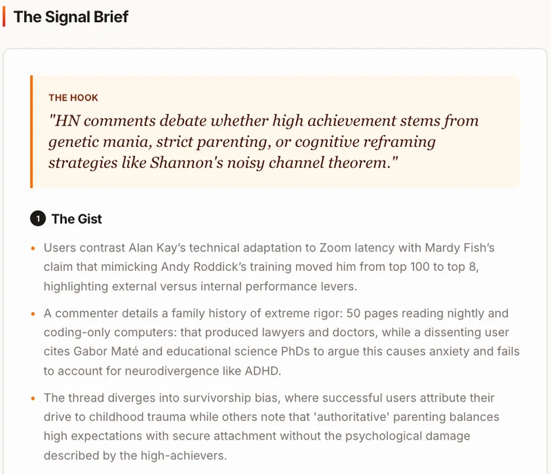 Recorded HNSignals brief showing its hook and gist for a Hacker News discussion.